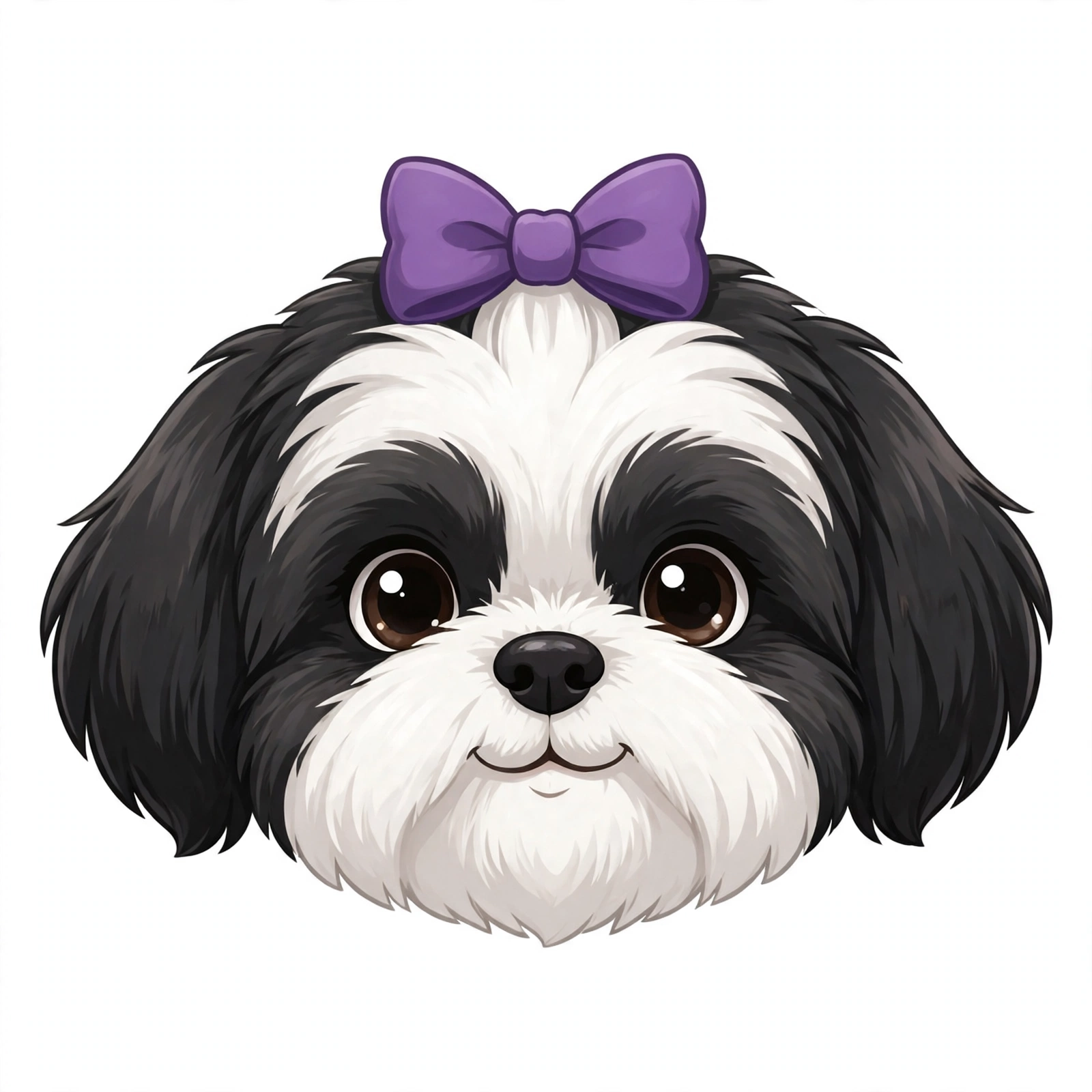 Nala, a black and white Shih Tzu with a purple bow, the face of Pet AI