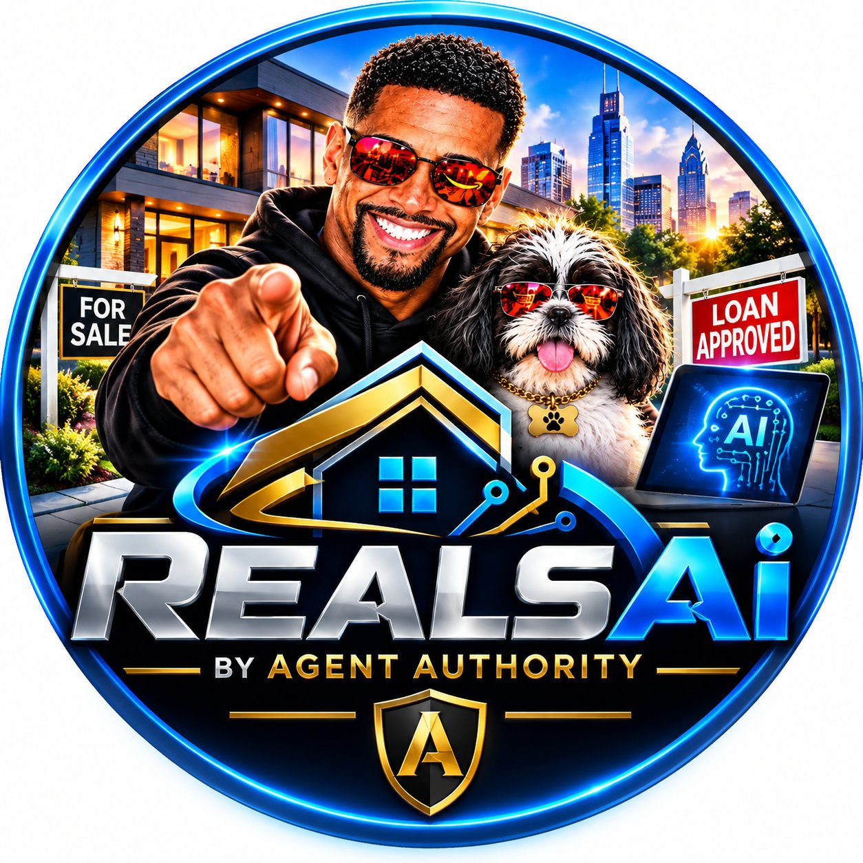 Reals AI by Agent Authority logo, Tony Brown and Nala wearing red sunglasses, For Sale and Loan Approved signs